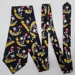 Dr. Seuss Hats Off To Dad Necktie Black Silk 1994 59" Long 3.75" Wide VTG